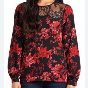 Vince Camuto "NEW" Red/Black Floral Lace Romantic Goth Witchy Blouse Size XS